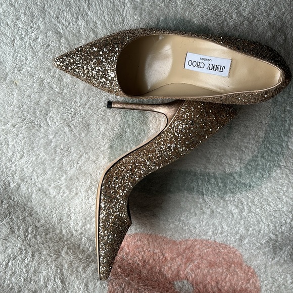 Jimmy Choo Romy 100 Golden Glitter Heels 36.5 - Picture 2 of 6